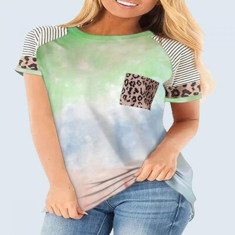 Tie-dye Leopard Stripes Stitching Printed T-shirt With Pocket