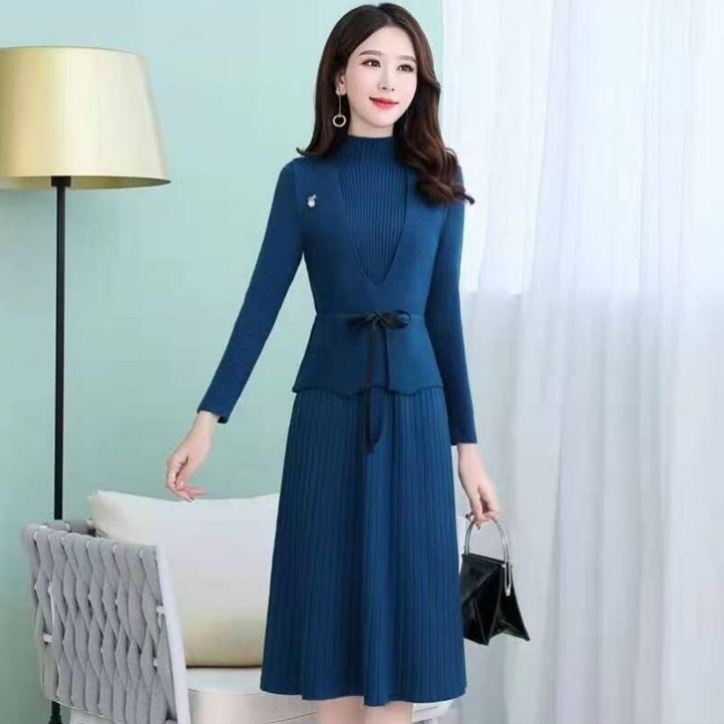 #1012 Two Piece Set Sweater Dress Women Turtleneck Casual Pleated Knitted Dress LadiesElegant Office Dress Woman Solid Color alx