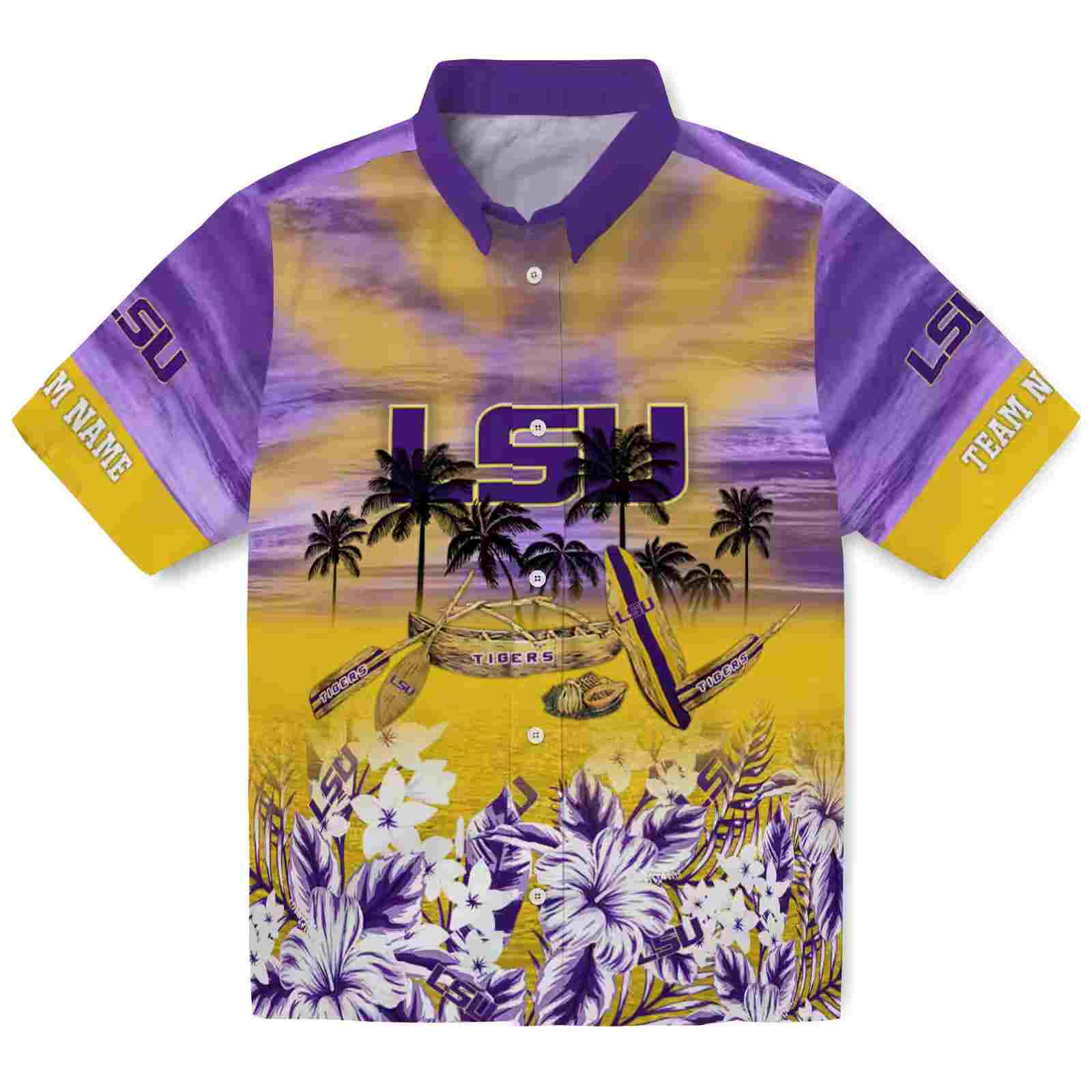 Custom Lsu Tigers Tropical Canoe Purple Hawaiian Shirt