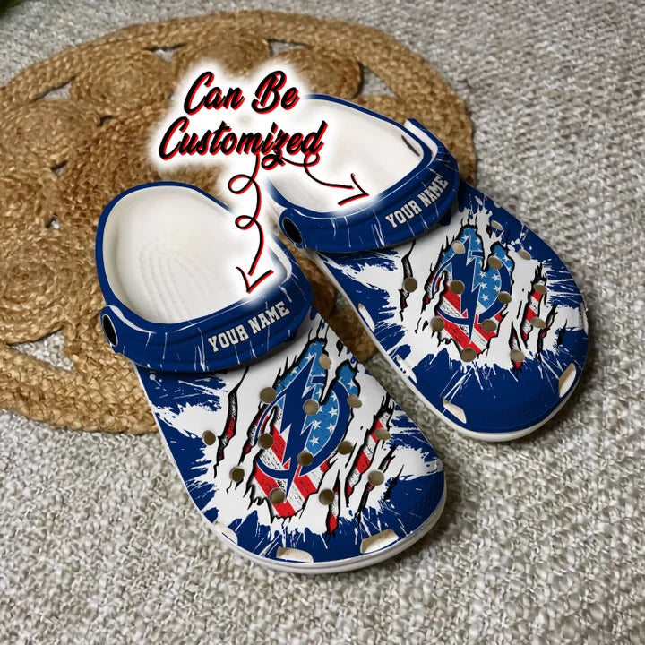 Lightning Crocss – Personalized Tb Lightning Hockey Ripped American Flag Clog Shoes