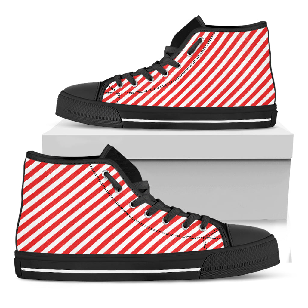 Red And White Candy Cane Striped Print Black High Top Shoes