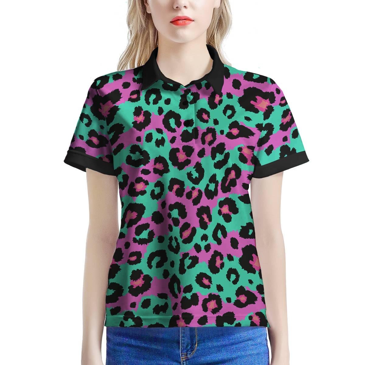 Teal Pink Leopard Women’S Polo Shirt