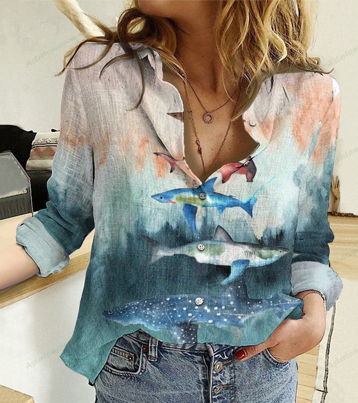 Watercolor Sharks Cotton And Linen Casual Shirt For Men and Women, Unisex