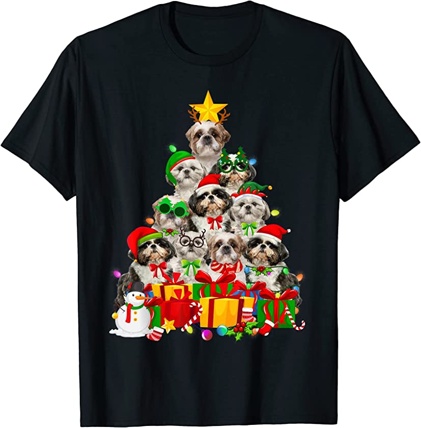 Christmas Tree Xmas Lights Shih Tzu Dog Puppy Lover T-Shirt