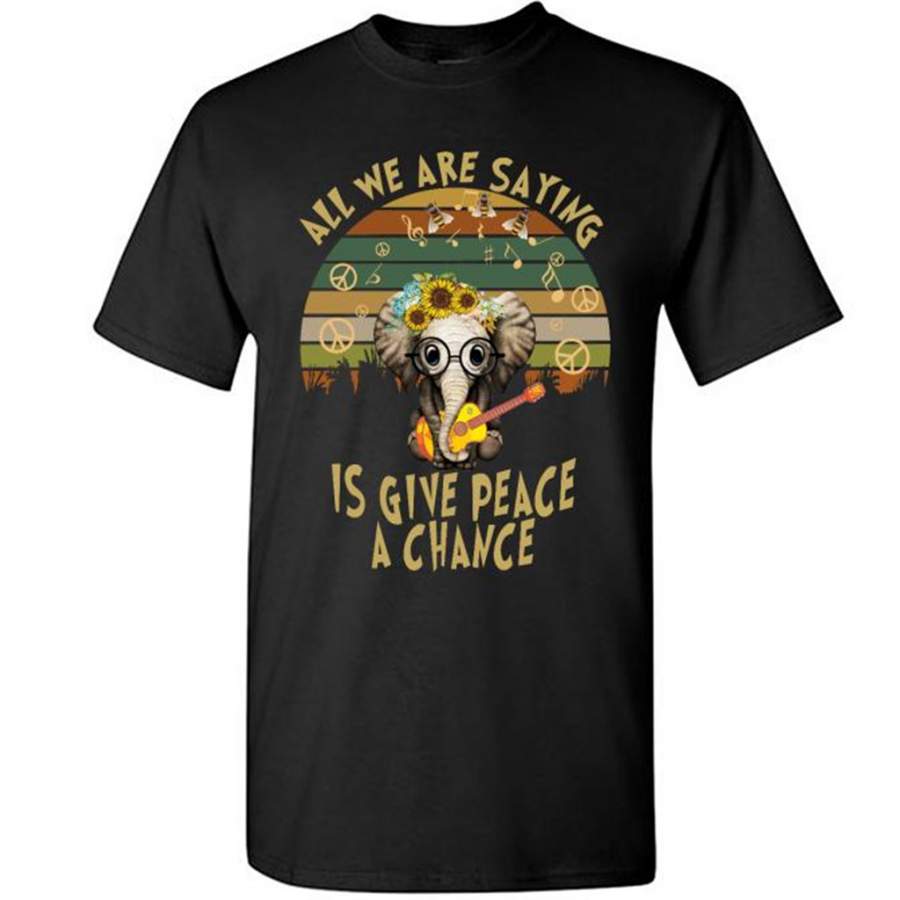 All We Are Saying Is Give Peace A Chance, Retro VIntage, Elephant Floral Guitar Design – Gildan Short Sleeve Shirt