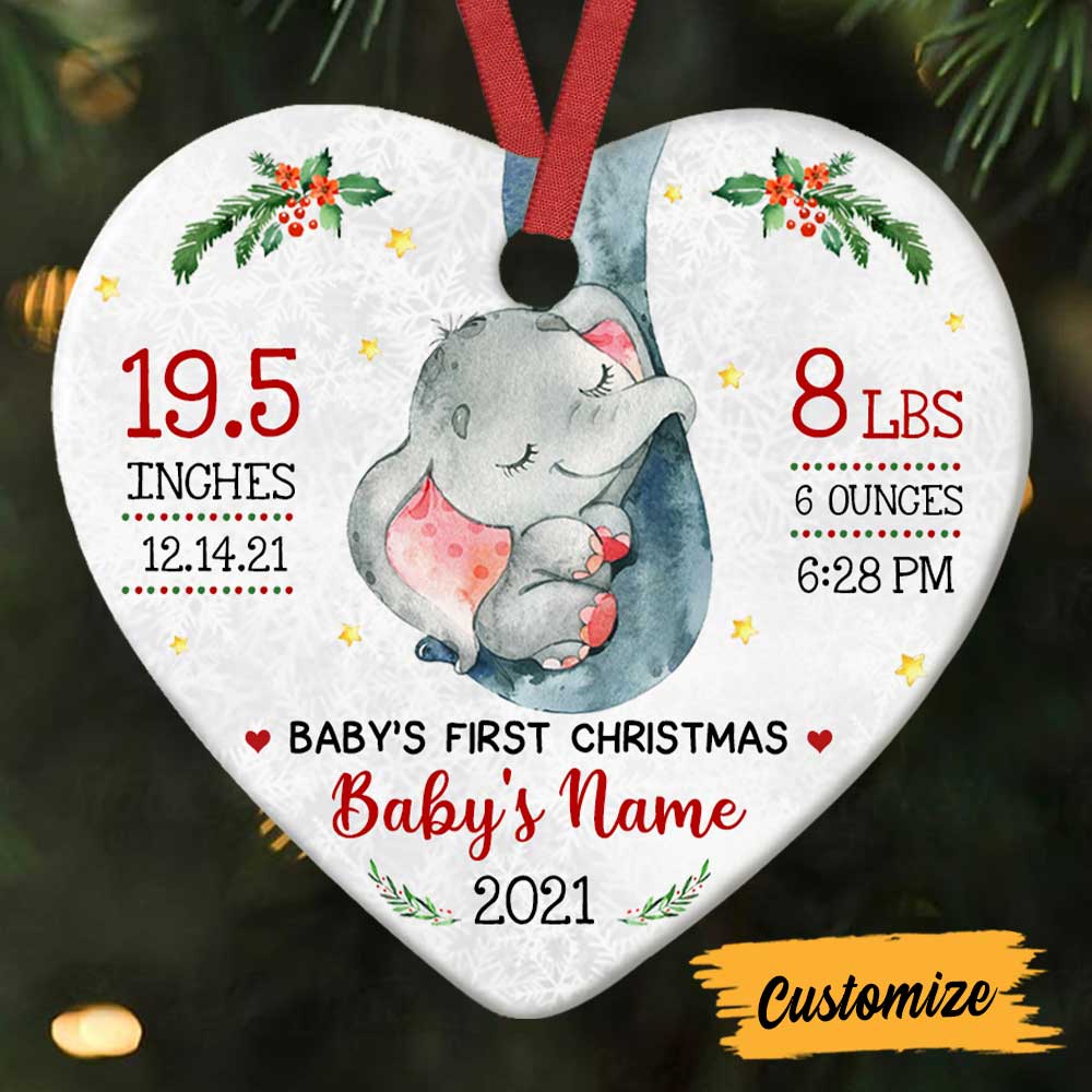 Personalized Elephant Baby First Christmas Heart Ornament