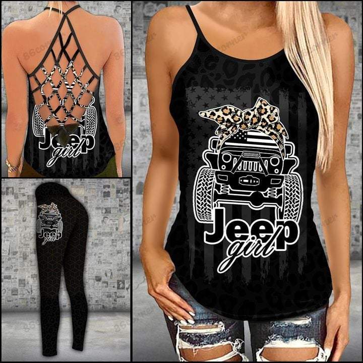 Black Jeep Girl Leopard And Flag Pattern Cross Tank Top – Legging 3D