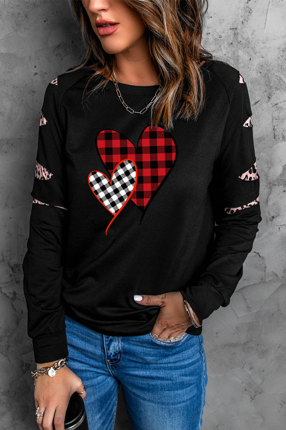 Plaid Heart Leopard Sweatshirt