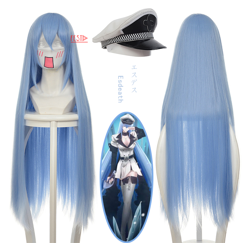 Anime Akame Ga KILL! Jaegers Esdeath Esdese Cosplay Wig Long Blue Wig Hat Heat Resistant Synthetic Hair Wig Cap Halloween Party alx