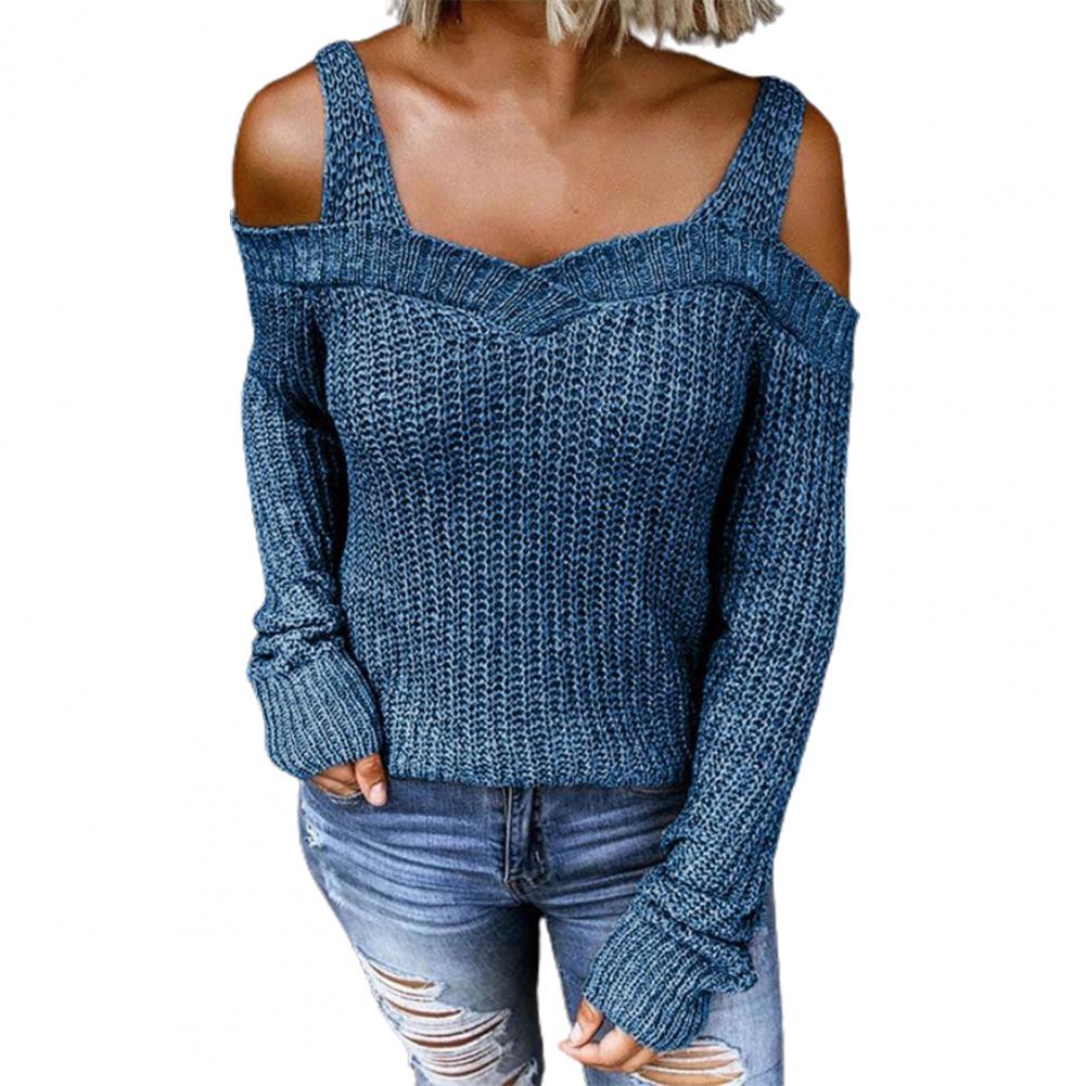 Trendy Pullover Sweater Ribbed Cuffs Cold Resistant Stretchy Autumn Winter Cold Shoulder Sling Sweater Jumper alx