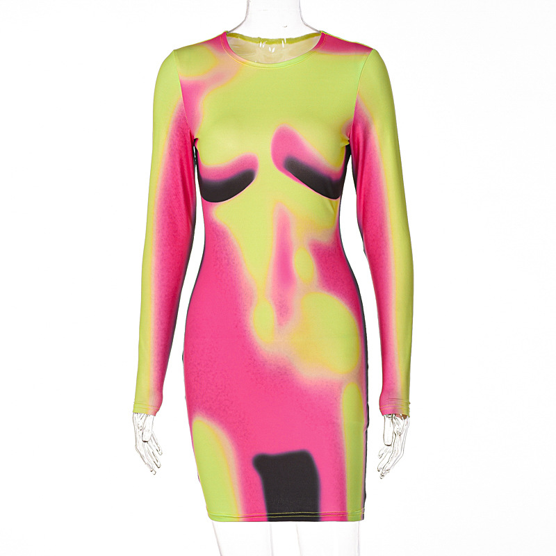 Women Satin Tie Dye Mini Dress 2021 Autumn Winter Bodycon Fashion Night Club Sexy Y2K Hipster Vestidos 1 order alx