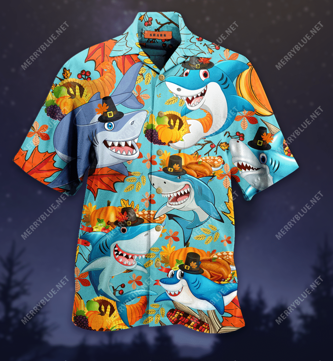 Beach Shirt High Quality Thanksgiving Shark Unisex Hawaiian Shirt