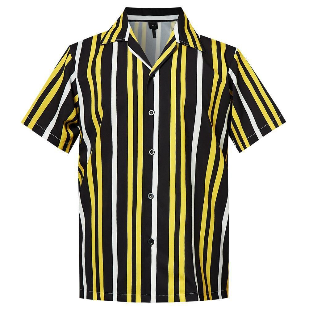Shop MenS Hawaiian Shirt Black Yellow Stripes Printing - Pinotee Store
