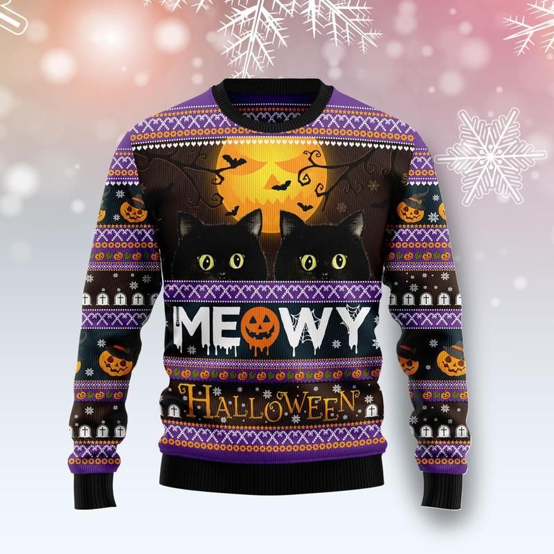 Black Cat Meowy Halloween Ugly Christmas Wool Sweater