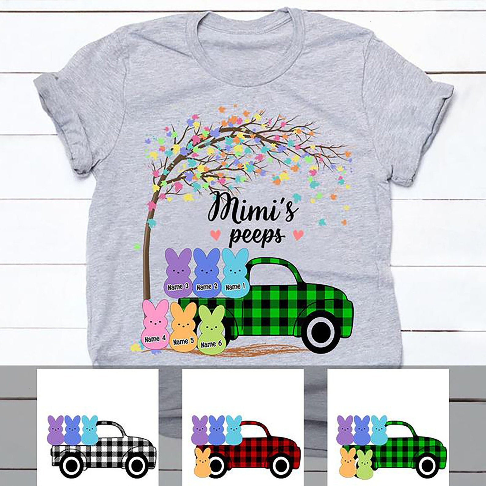 Personalized T-Shirt For Grandma Mimi’S Peeps Cute Bunny Truck Plaid Design Custom Grandkids Name Easter Day Shirt