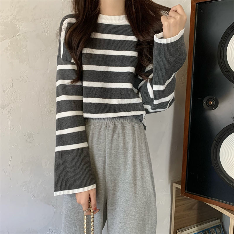 Vintage Korean Stripe Long Sleeve Sweater 2022 Women Spring New Loose Round Neck Lean All-match Casual Comfortable Top alx