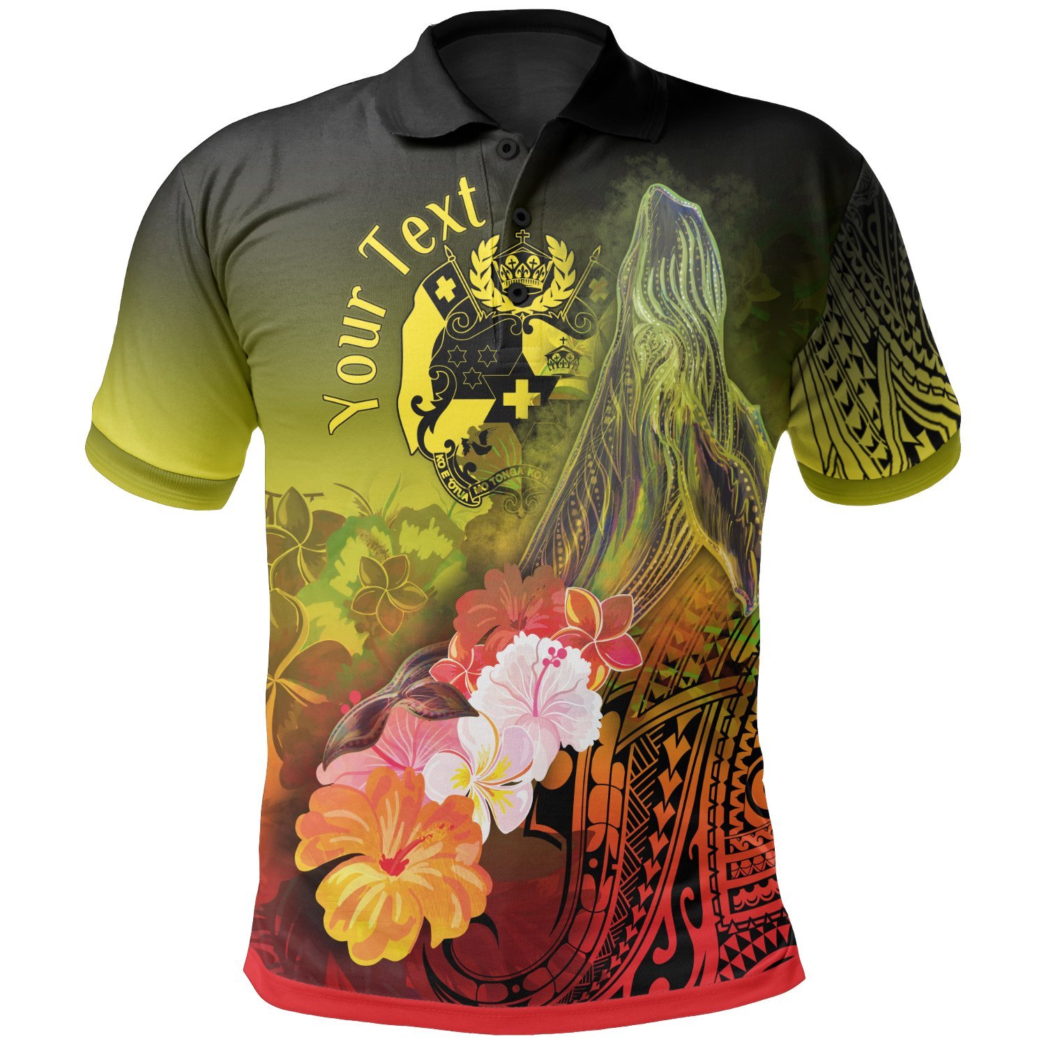 TONGA Personalised Polo Shirts – Humpback Whale with Tropical Flowers (YELLOW)- BN18