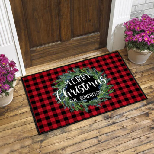 Personalized Black & Red Buffalo Plaid Christmas Door Mat, Front Door Rug, Doormat All Over Printed