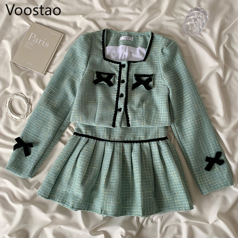 Spring Autumn Sweet Lolita Style Princess Skirt Sets Women Cute Bow Long Sleeve Coat Crop Tops Y2K Mini Skirts Girls 2PC Set alx