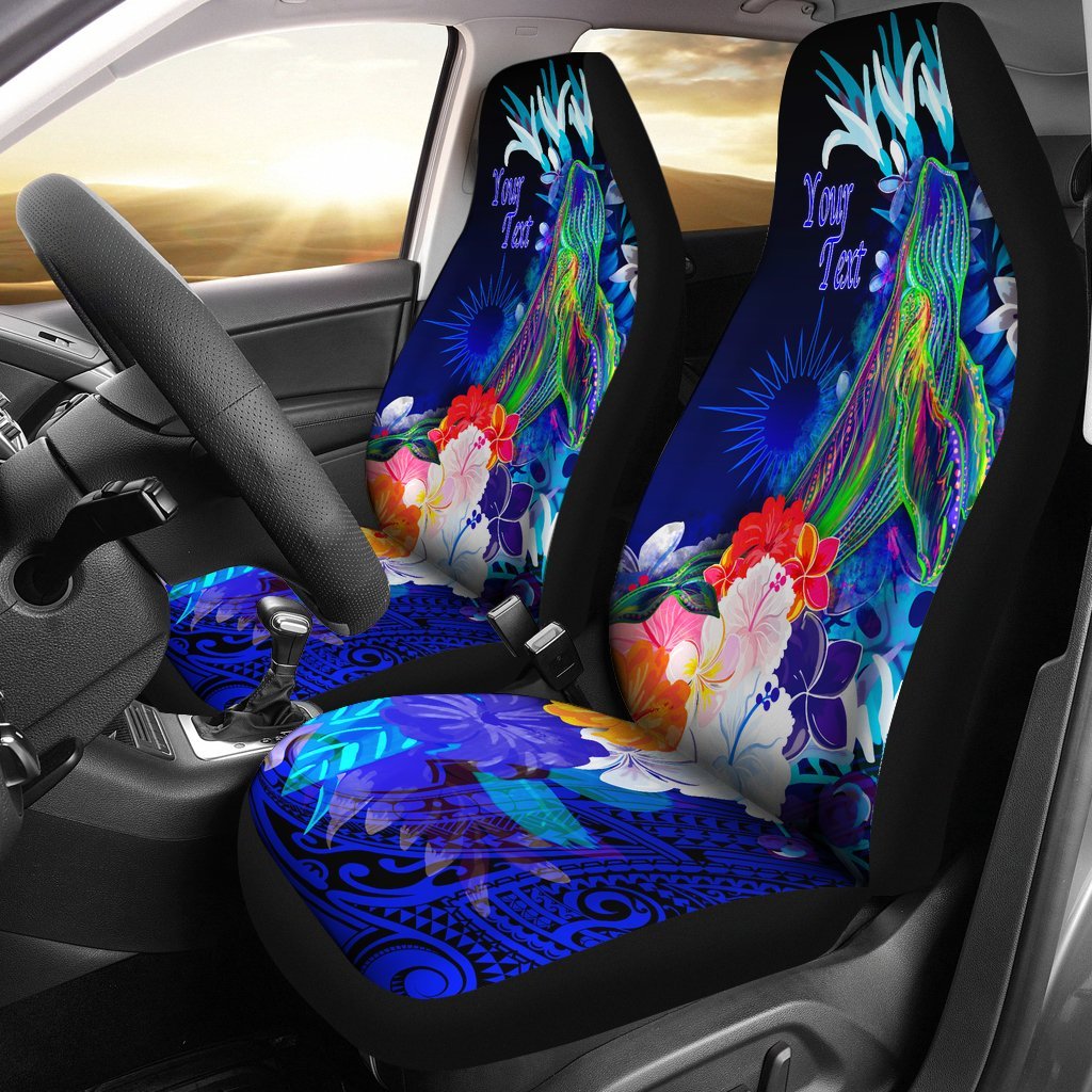 Marshall Islands Custom Personalised Car Seat Covers – Humpback Whale with Tropical Flowers (Blue)- BN18