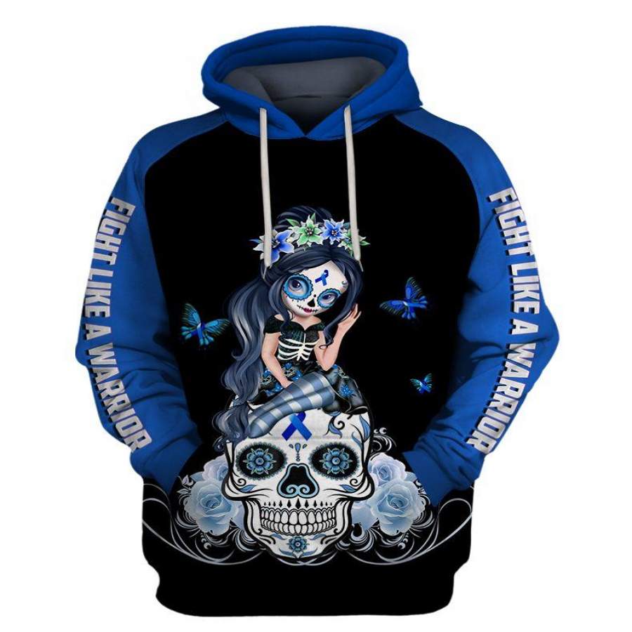 Fight Like A Warrior™ Blue Colon Cancer Sugar Skull Girl Awareness Hoodie