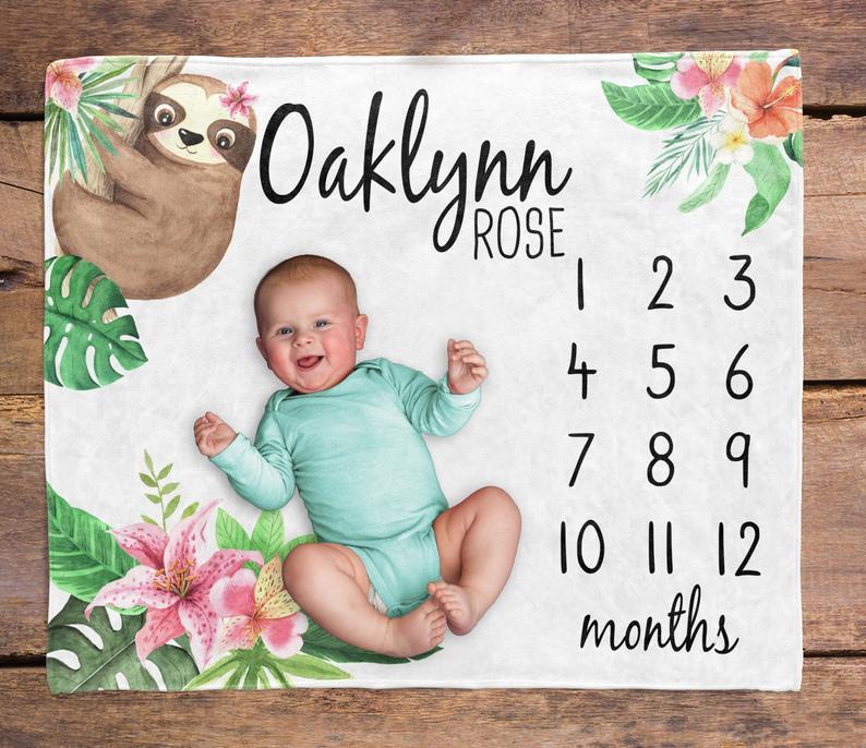 Sloth Baby Milestone Blanket / Jungle Animals Girl / Month Blanket / Baby Shower Gift / Tropical Floral Milestone Blanket / New Mom Gift