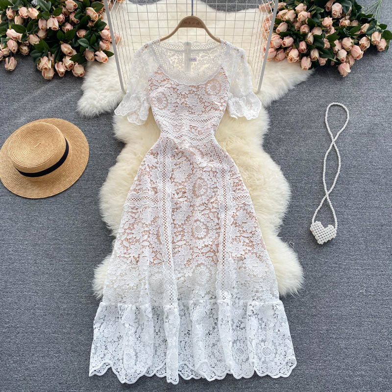 Young Gee High Quality Elegant Party Round Collar Dresses Women Summer Slim Waist Lace Floral Long Office Lady Dress vestidos alx