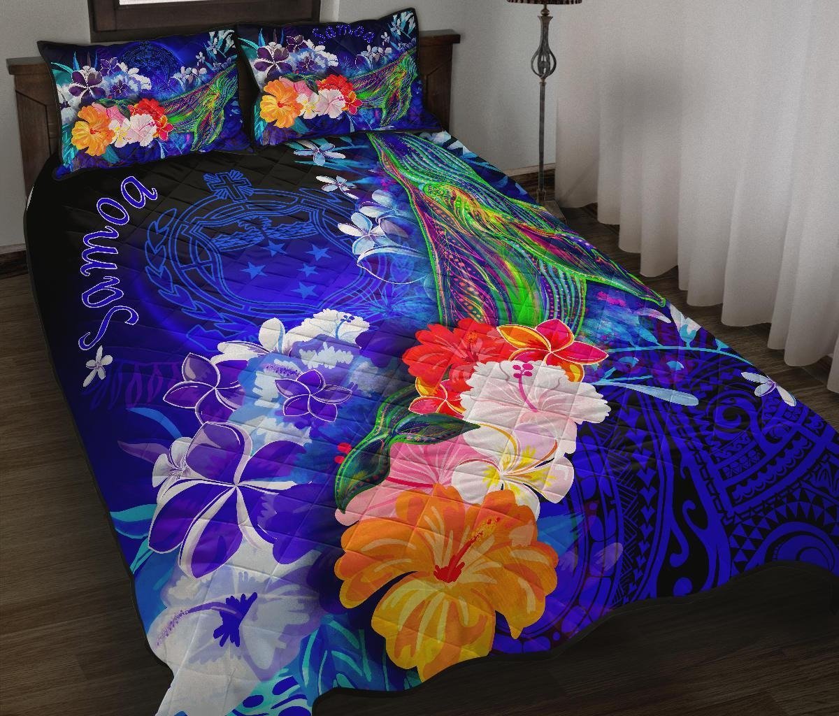 Samoa Quilt Bed Set – Humpback Whale with Tropical Flowers (Blue)- BN18