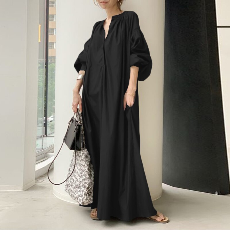 Autumn Sundress ZANZEA Fashion Women Lantern Sleeve Maxi Long Dress Oversized Dresses Spring V Neck Solid Loose Party Vestidos alx