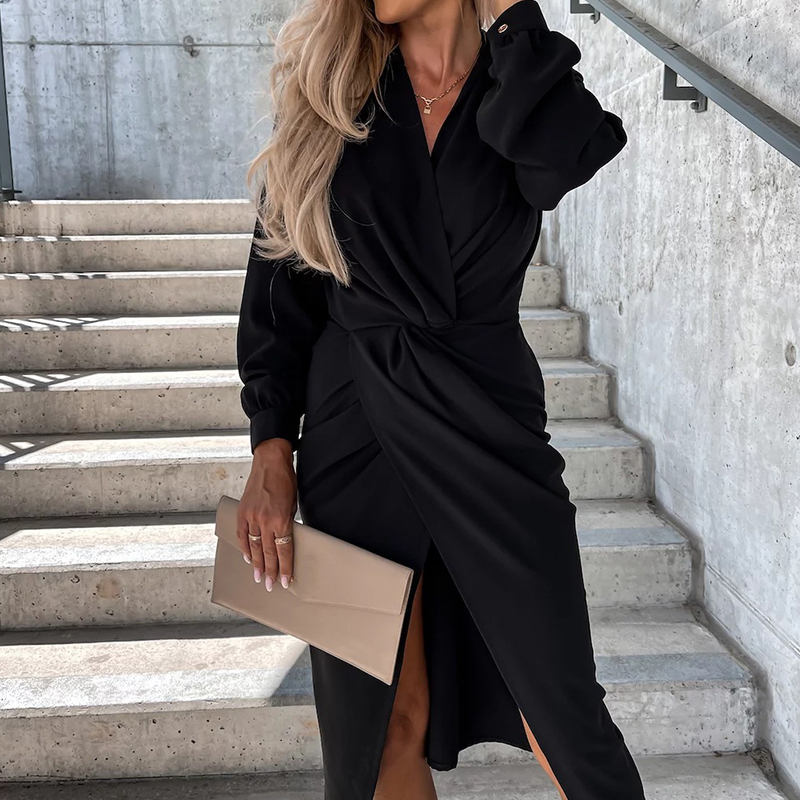 Autumn New Casual Turn-down Collar Dress Women Fashion Twist Waisted Pleated Dress Office Lady Elegant Long Sleeve Dress Vestido alx