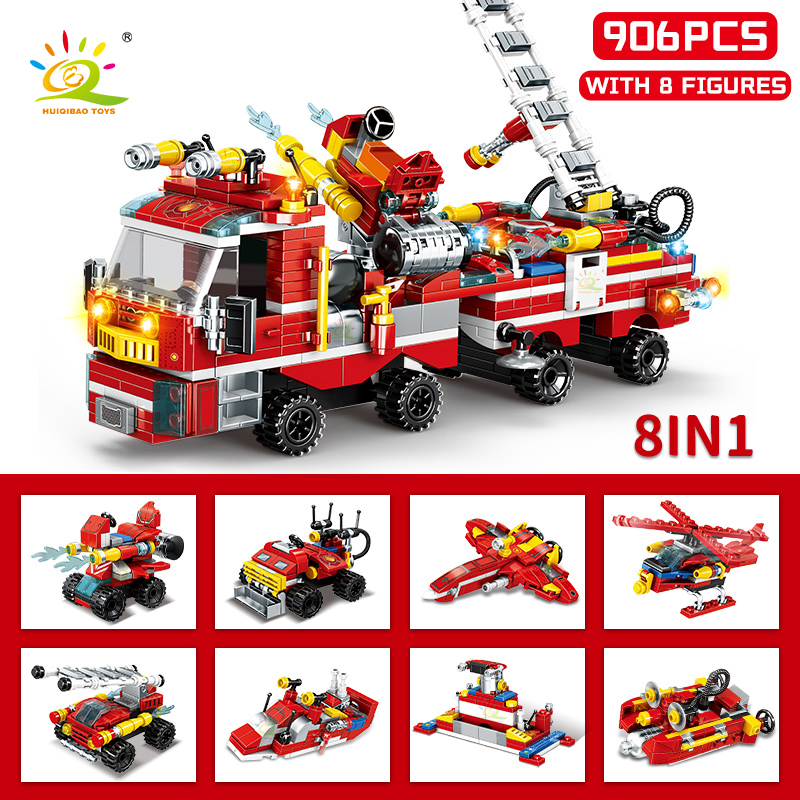 HUIQIBAO City Fire Fighting 8in1 Trucks Car Helicopter Boat Building Blocks Firefighter Figures Man Bricks Toys For Children alx
