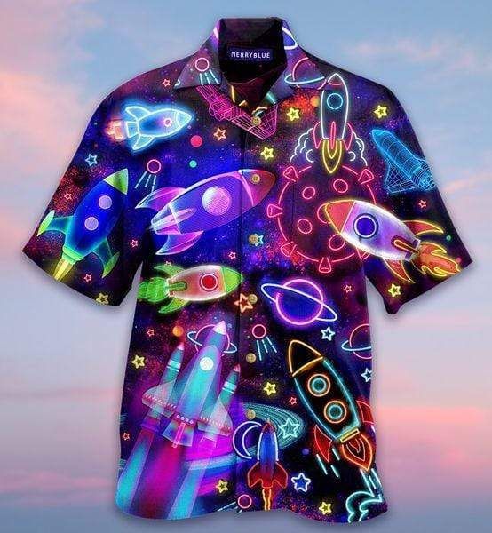 Get Now Amazing Neon Colorful Light Rocket In Outer Space Unisex Hawaii Aloha Shirts Ha22739