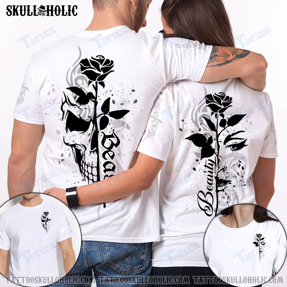 Matching Couple Shirt Skull Half Face Rose Couple 3D All Over Printed Shirt, Sweatshirt, Hoodie, Bomber Jacket Size S – 5Xl