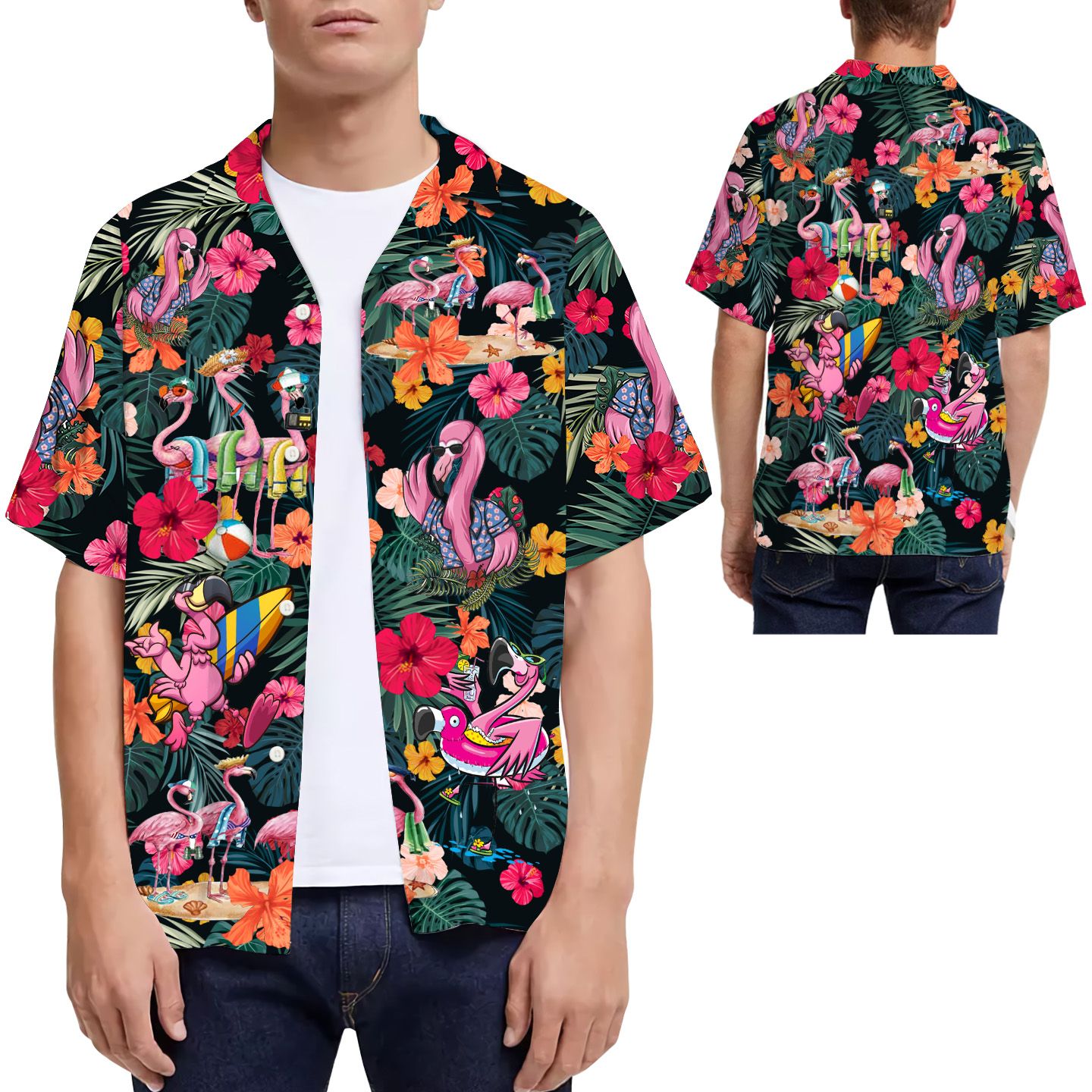 Flamingo Hibiscus Tropical Leaves Men Hawaii Shirt For Boys In Summer Ha89357