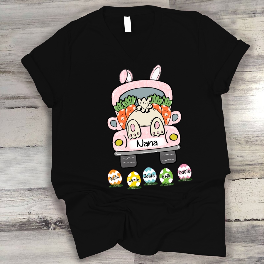 Personalized Truck Easter Bunny Grandma With Grandkids V-Neck