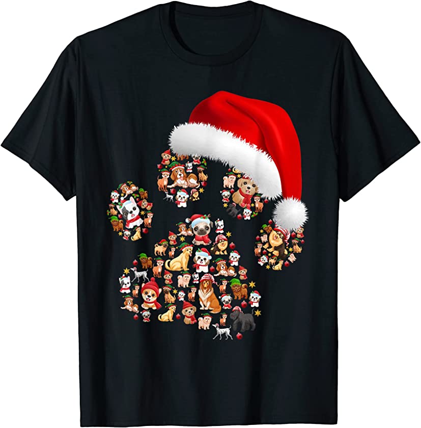 Merry Christmas Dogs Paws Lights Santa hat Puppy Xmas T-Shirt