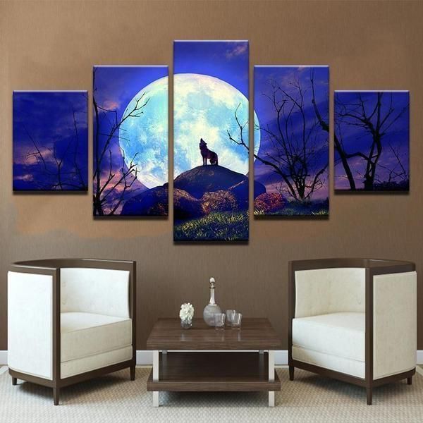 Wolf Night Modular Scene Animal 5 Panel Canvas Art Wall Decor