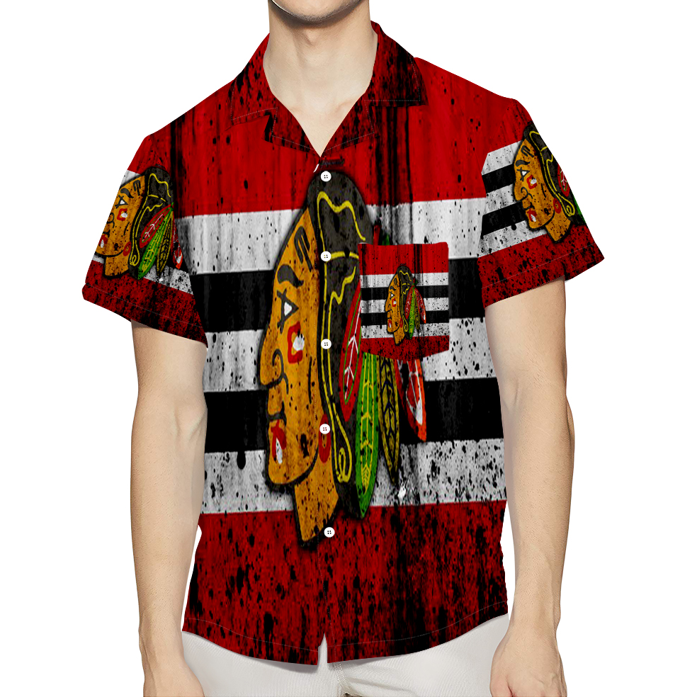 Chicago Blackhawks Emblem Texture Grunge 3D All Over Print Summer Beach Hawaiian Shirt With Pocket