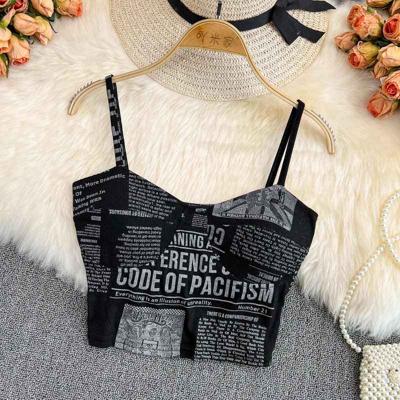 Women Push Up Camisole With Bra Sexy Top Women Suspender Tank Fashion Printed Newspaper Camis Female Soft Sleeveless Top alx