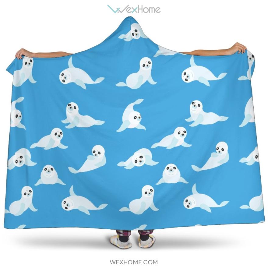 Cute Sea Lion Seal Pattern Background Hooded Blanket