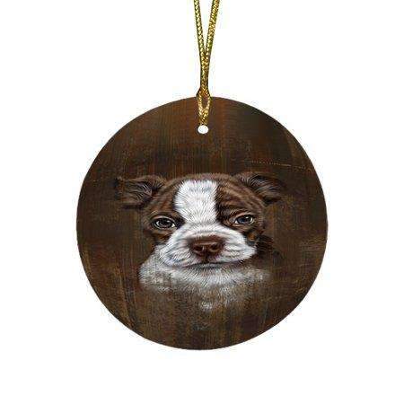 Rustic Boston Terrier Puppy Round Christmas Ornament Rfpor48203