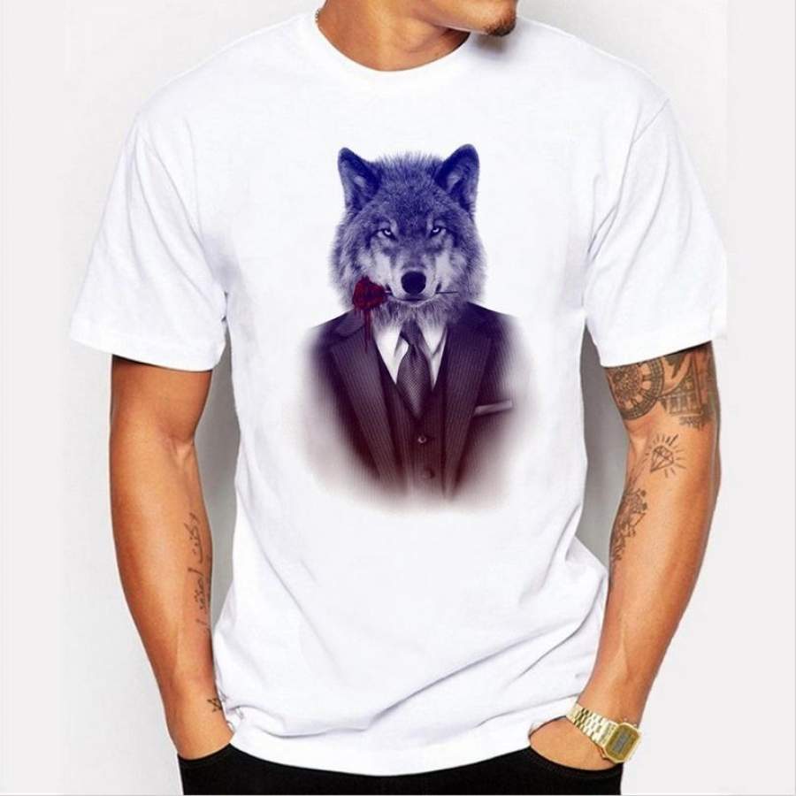 2017 Summer Men White Color T Shirts Animal Cool Mr Wolf And Rose Print T-Shirt Brand Clothing Tops