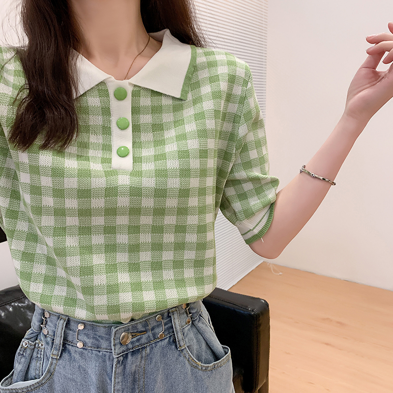 Summer Short Sleeve Knitted T-shirts Girls Sweet Plaid Stretchy Polo Collar Contrast Color Tees Crop Tops Knitwear For Women alx