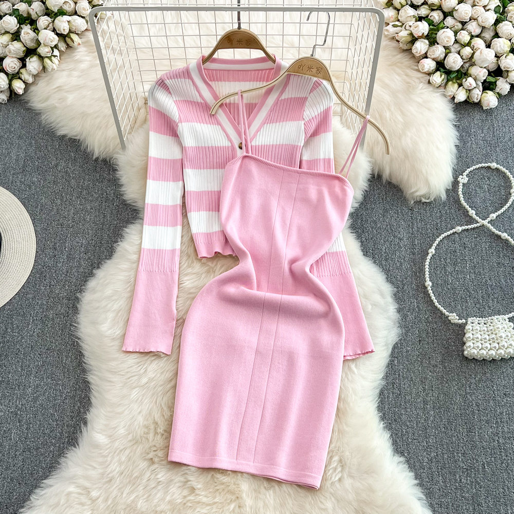 Women’s Fashion Dress Suit 2022 Spring New Long-sleeved Striped Cardigan Top + Slim Sling Strapless Wrap Skirt Two-piece Woman alx