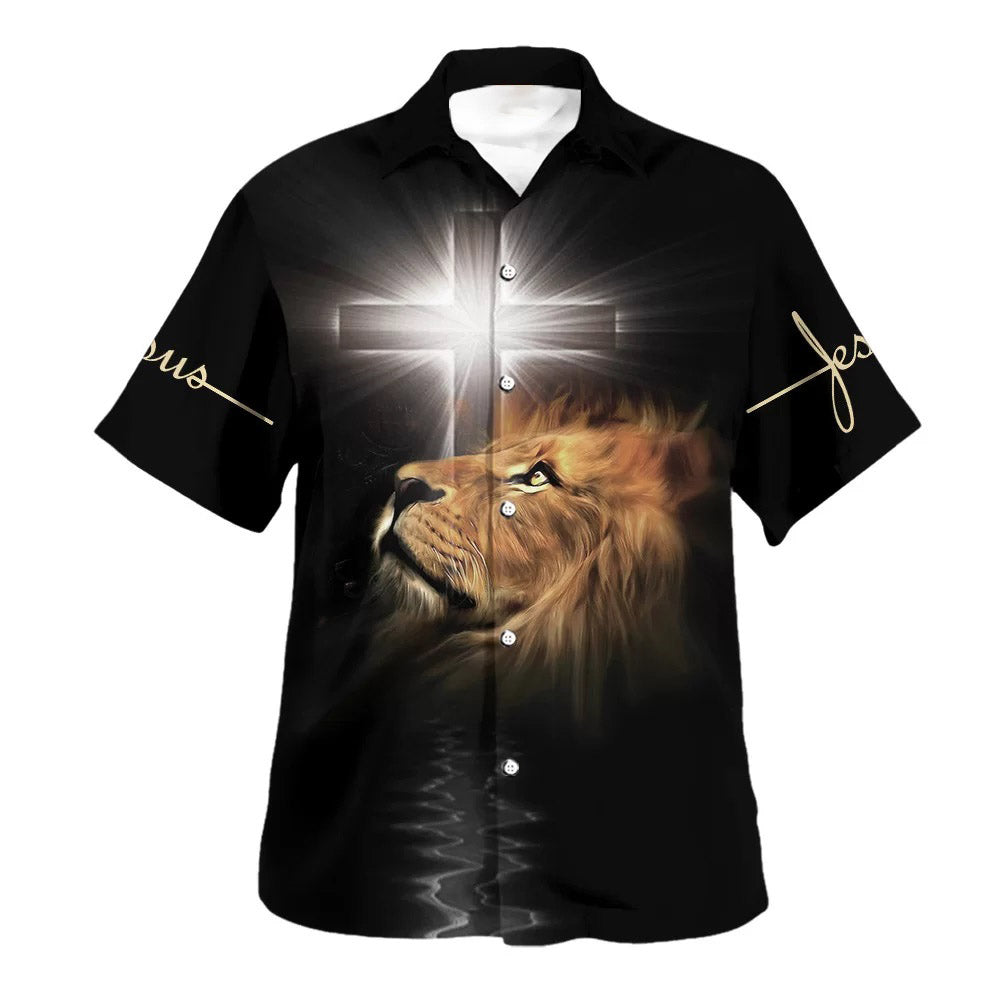 The Light Shines In The Darkness Lion Cross Hawaiian Shirts For Men – Christian Hawaiian Shirt – Hawaiian Summer Shirts