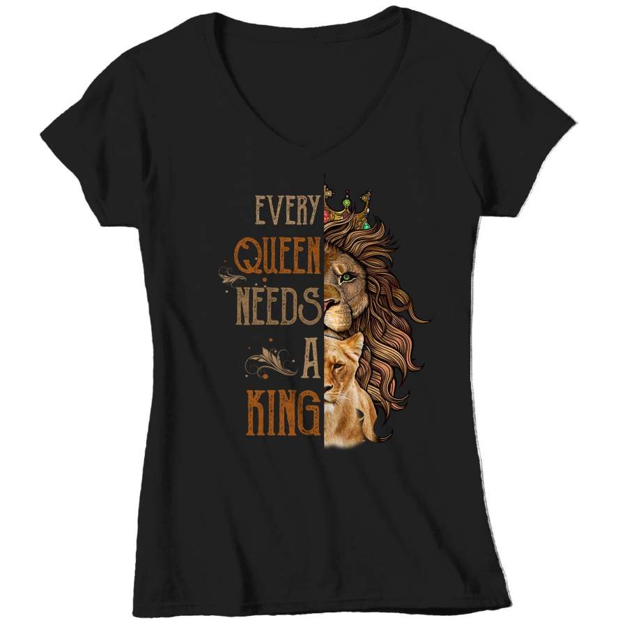 Women’s V-Neck Matching Lion T Shirt Couples Shirt Matching Lion Lioness Shirt Queen Shirt Every Queen Needs King Shirt