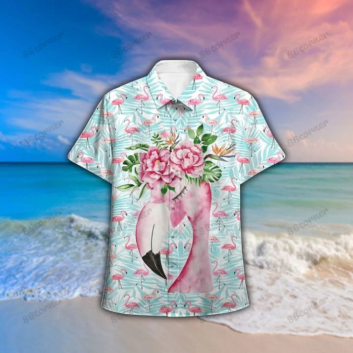 Flamingo On Ice Blue Pattern Hawaiian Summer Aloha Gift For Ha77618