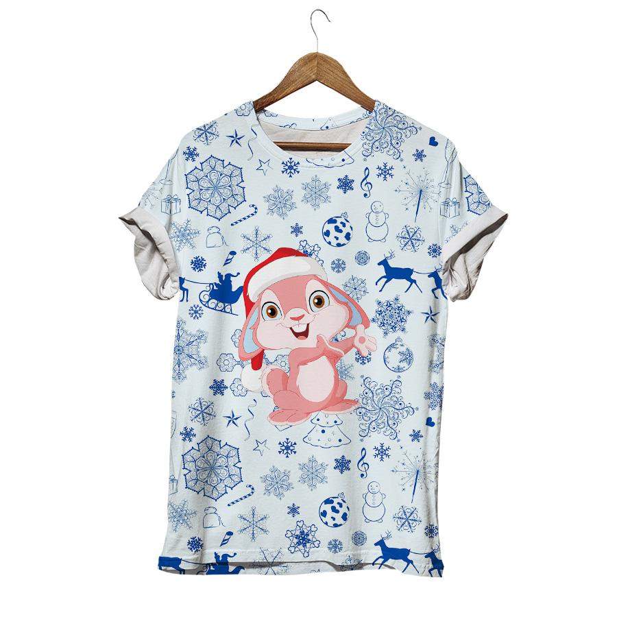 Cute Pink Bunny And Santa Claus Hat Snowflake Rabbit T-shirt