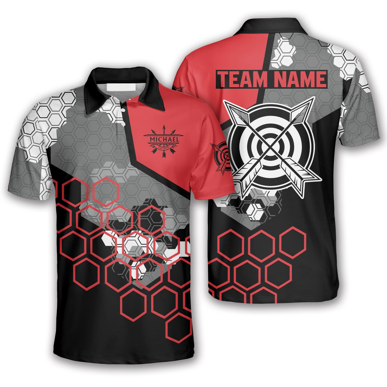 Red Black Honeycomb Pattern Custom Archery Shirts For Men, Archery Polo Shirt