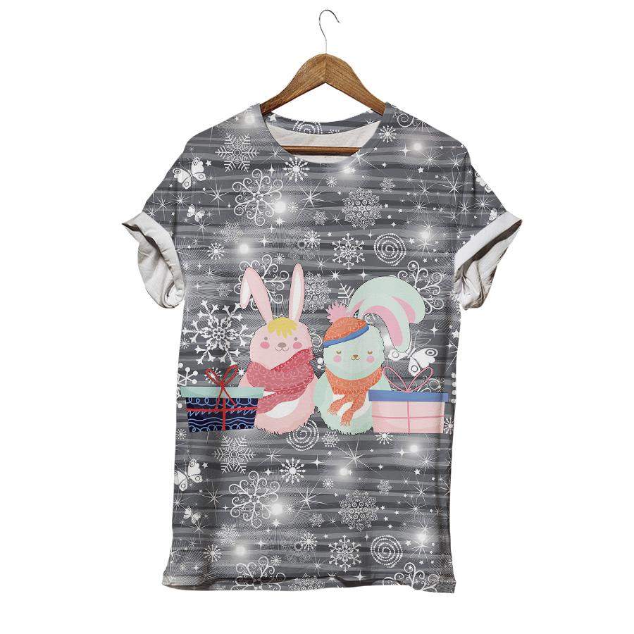 Rabbits With Scarf striped Snowflake Pattern Rabbit T-shirt